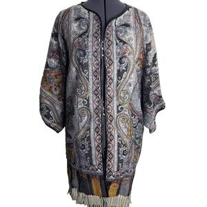 J. McLaughlin Gia Reversible Open Front Wool Poncho Fringe M/L Leather Trim